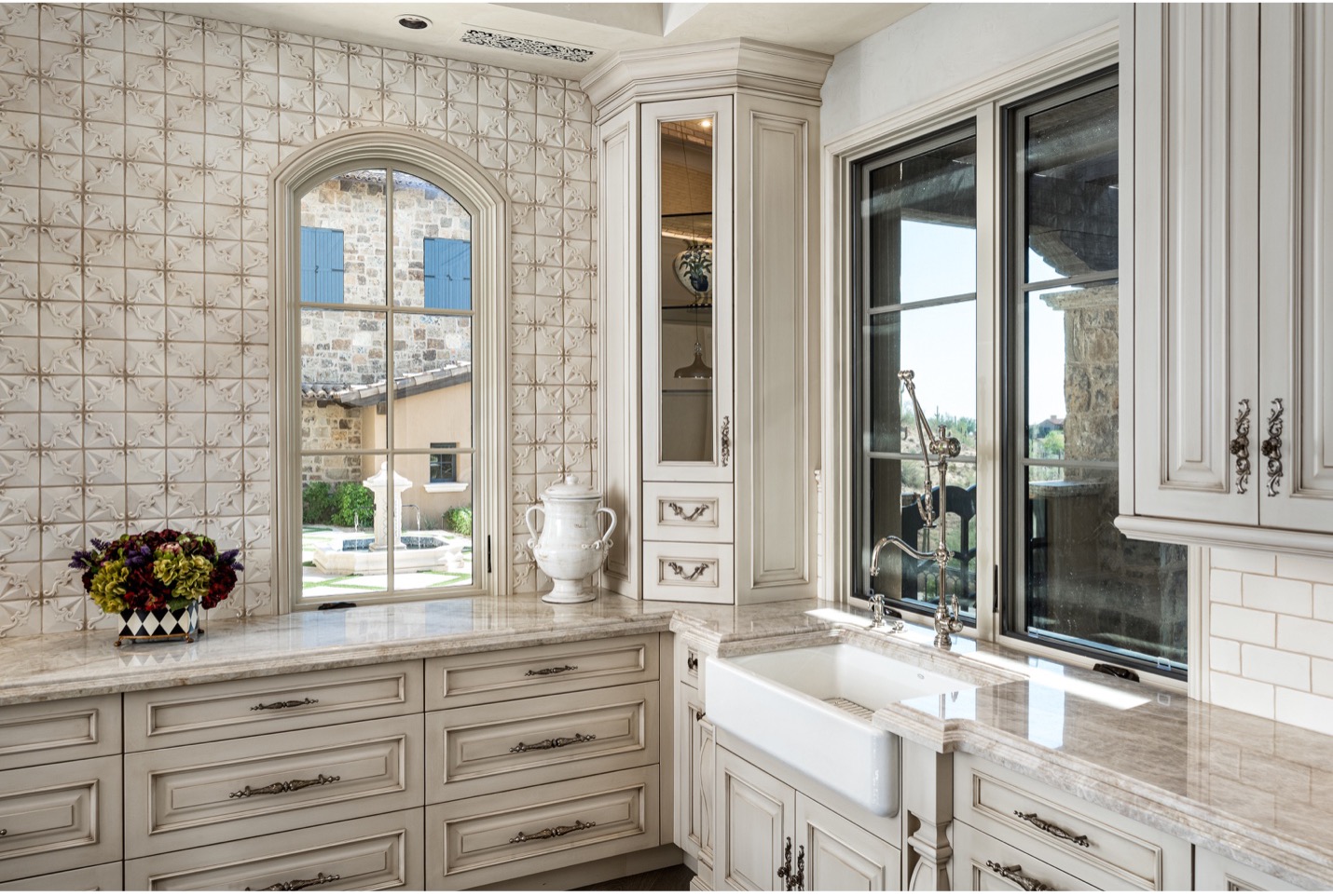 French-inspired luxury kitchen with quartzite countertops